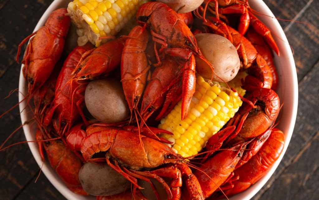 A bucket of cooked crawfish