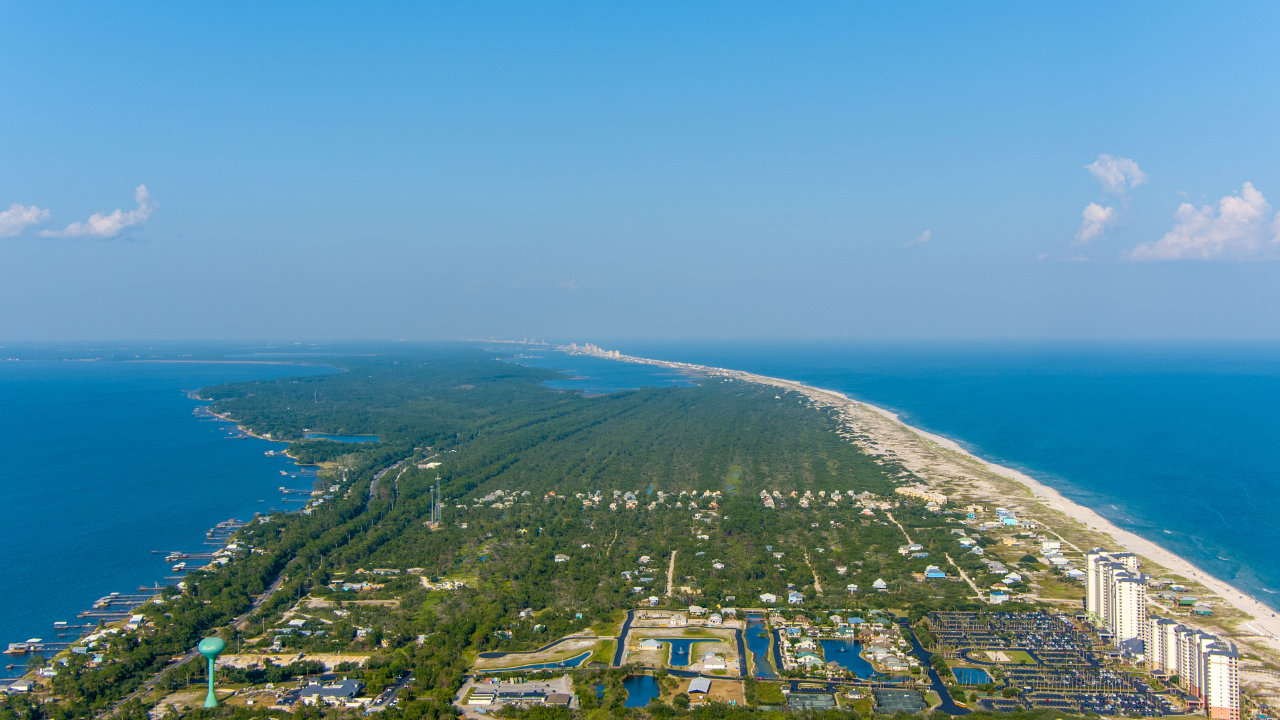 an aerial view of Fort Morgan, AL